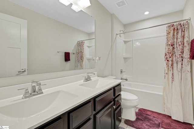 full bath featuring a sink, visible vents, toilet, and shower / tub combo