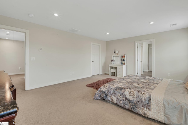 bedroom featuring baseboards, visible vents, recessed lighting, and carpet flooring