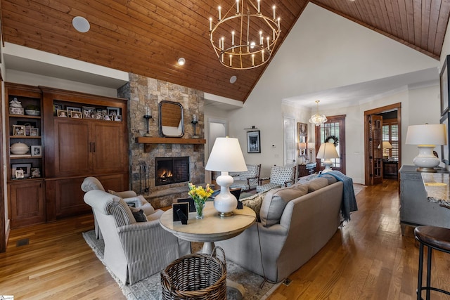 living area featuring a fireplace, wood ceiling, light wood-style floors, and a chandelier