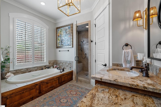 full bathroom with a bath, a chandelier, crown molding, a stall shower, and tile patterned flooring
