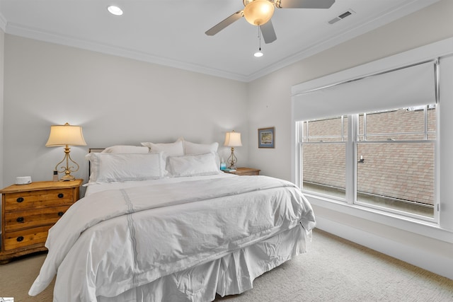 bedroom with ornamental molding, visible vents, recessed lighting, and light colored carpet