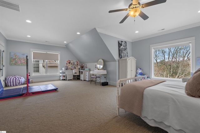bedroom with ornamental molding, visible vents, and multiple windows