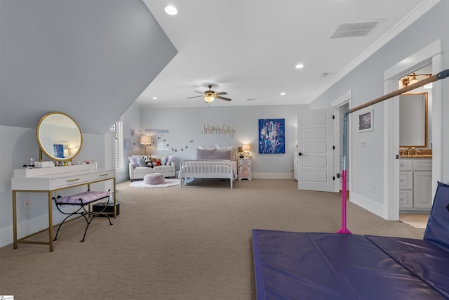 bedroom featuring recessed lighting, ornamental molding, carpet, and visible vents