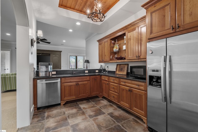 kitchen with brown cabinets, open shelves, a sink, and stainless steel appliances