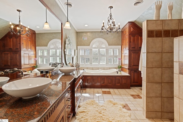 full bath with a sink, visible vents, an inviting chandelier, and crown molding