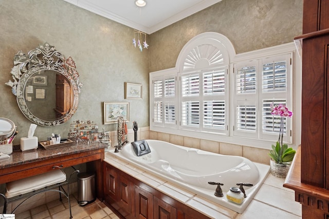 full bathroom featuring a bath, ornamental molding, tile patterned flooring, and vanity