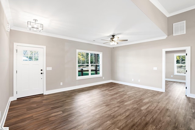 225 Cedar St, Woodruff, SC 29388 - entryway featuring dark wood finished floors, baseboards, visible vents, and crown molding