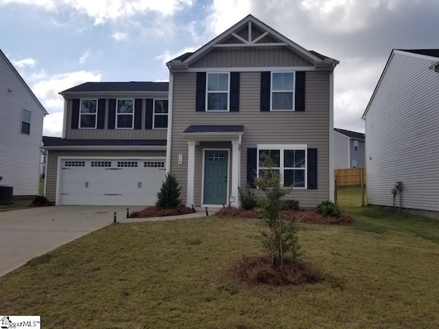 view of front of property with board and batten siding, an attached garage, driveway, and a front lawn