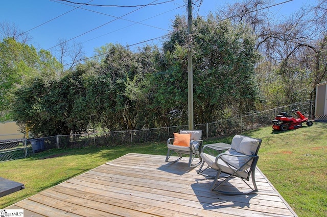 wooden deck featuring a fenced backyard and a yard