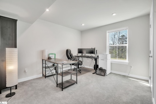carpeted home office with baseboards and recessed lighting
