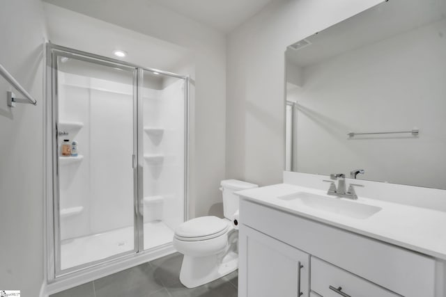 bathroom featuring visible vents, a stall shower, vanity, tile patterned floors, and toilet