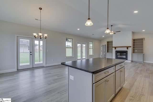 114 Walters Way, Pickens, SC 29671 - kitchen with french doors, open floor plan, light wood-type flooring, a ceiling fan, and dark countertops