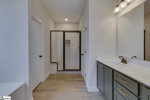 114 Walters Way, Pickens, SC 29671 - full bathroom featuring a shower stall, wood finished floors, vanity, recessed lighting, and baseboards