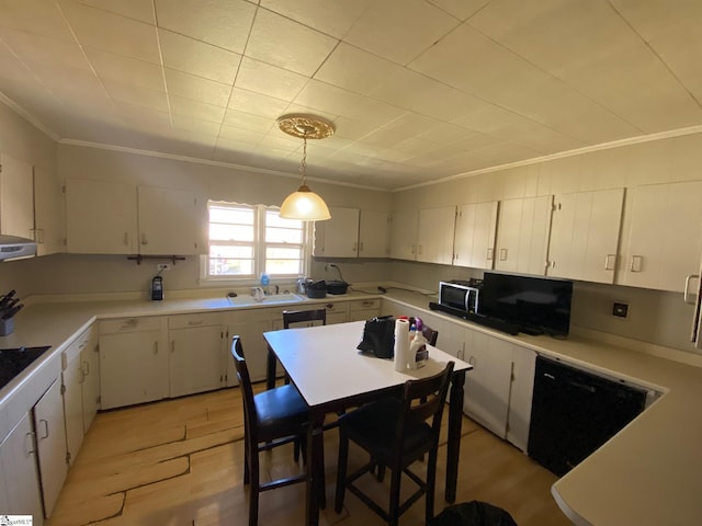 kitchen featuring white cabinetry, light wood-style flooring, crown molding, and dishwasher