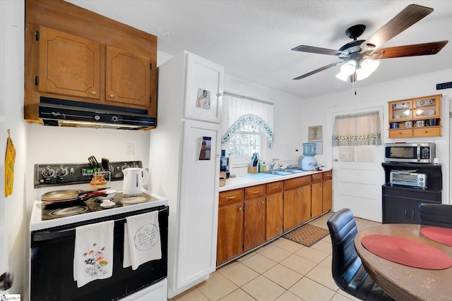 kitchen with ceiling fan, stainless steel microwave, under cabinet range hood, a sink, and range with electric stovetop