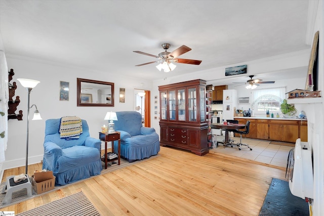 office with crown molding, a ceiling fan, and light wood finished floors