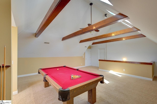 206 Chelsea Ln, Greer, SC 29650 - game room with baseboards, carpet floors, beamed ceiling, visible vents, and billiards