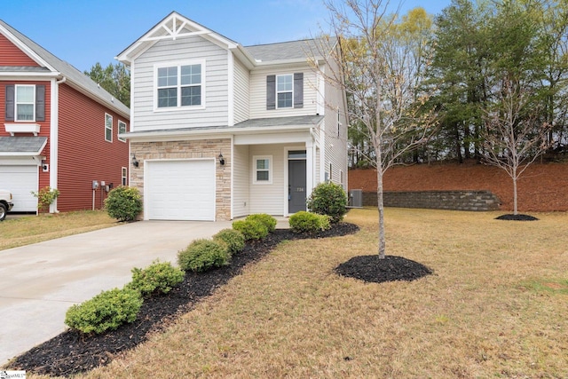 view of front of home featuring stone siding, concrete driveway, cooling unit, a front lawn, and a garage