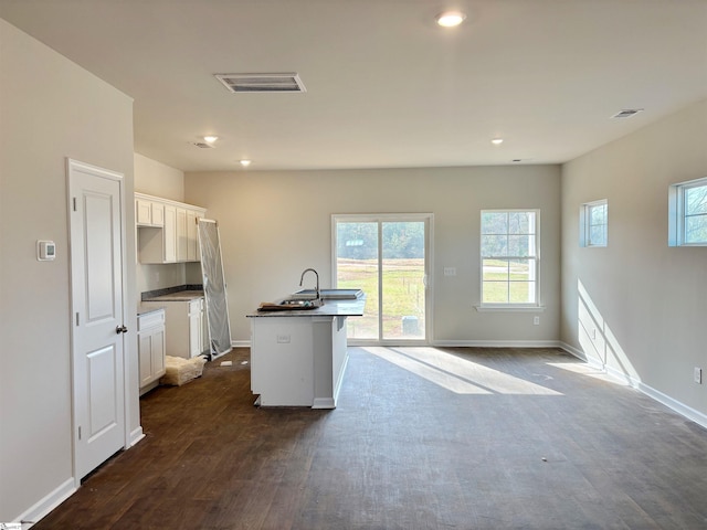 219 Islay Way, Anderson, SC 29621 - kitchen with white cabinets, a kitchen island with sink, baseboards, and visible vents