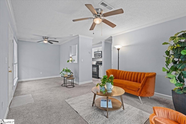 living room with light carpet, visible vents, ceiling fan, and ornamental molding