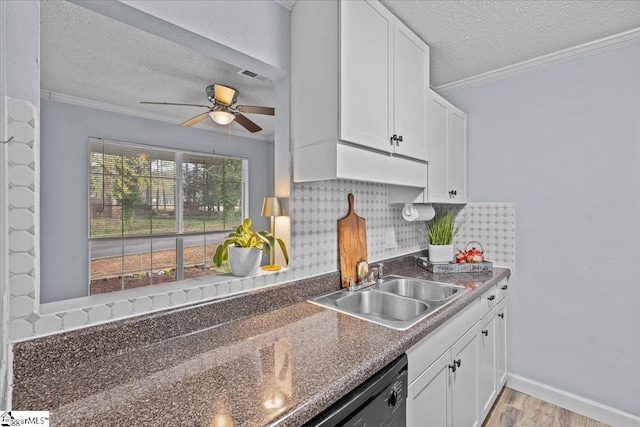 kitchen featuring white cabinetry, a sink, and crown molding