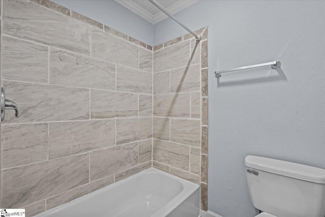 bathroom with bathtub / shower combination, crown molding, and toilet