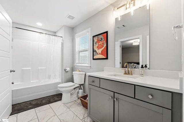 ensuite bathroom featuring marble finish floor, toilet, vanity, and visible vents