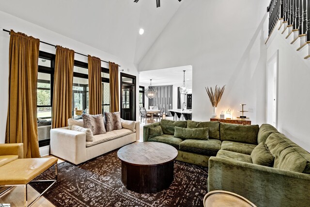 3 Bailey Knoll Ct, Simpsonville, SC 29681 - living room featuring high vaulted ceiling, recessed lighting, and a notable chandelier