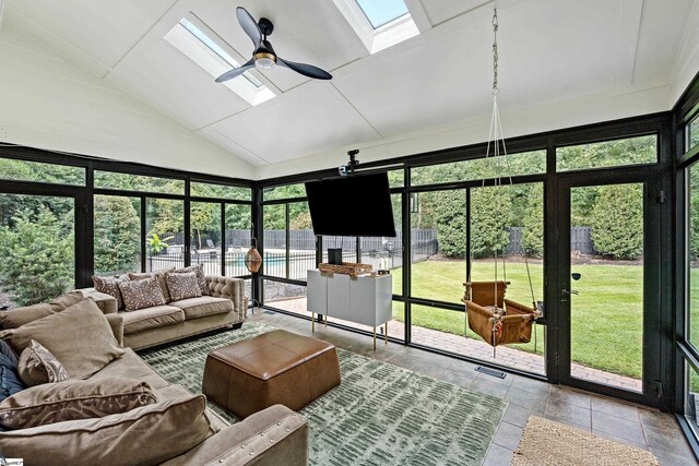3 Bailey Knoll Ct, Simpsonville, SC 29681 - sunroom / solarium with high vaulted ceiling, a skylight, outdoor lounge area, and ceiling fan