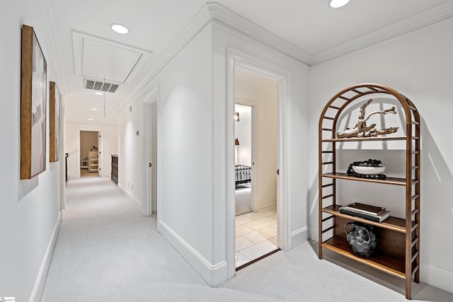 3 Bailey Knoll Ct, Simpsonville, SC 29681 - hallway featuring visible vents, ornamental molding, recessed lighting, attic access, and carpet floors