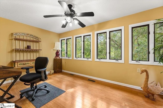 office area featuring wood finished floors, a wealth of natural light, baseboards, and visible vents