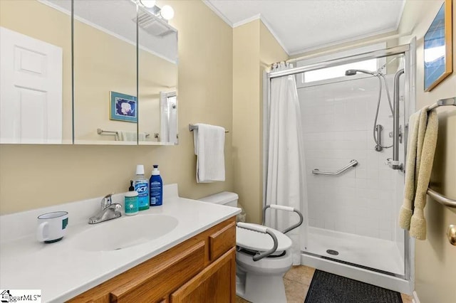 bathroom featuring a stall shower, tile patterned floors, toilet, and ornamental molding