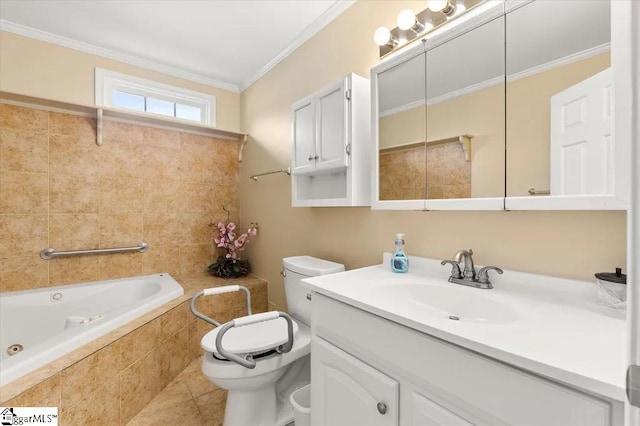 full bath featuring tile patterned flooring, vanity, tiled bath, toilet, and ornamental molding