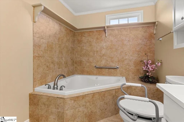 full bathroom with crown molding, toilet, and a garden tub