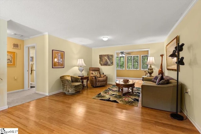living area featuring crown molding, light wood-style floors, and a textured ceiling