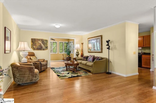 living area featuring ornamental molding, baseboards, and light wood finished floors
