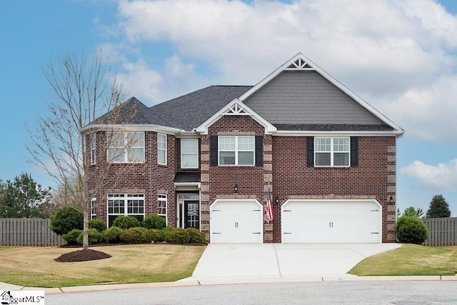313 Rosendale Way, Simpsonville, SC 29681 - view of front of home featuring brick siding, a front lawn, fence, and a garage