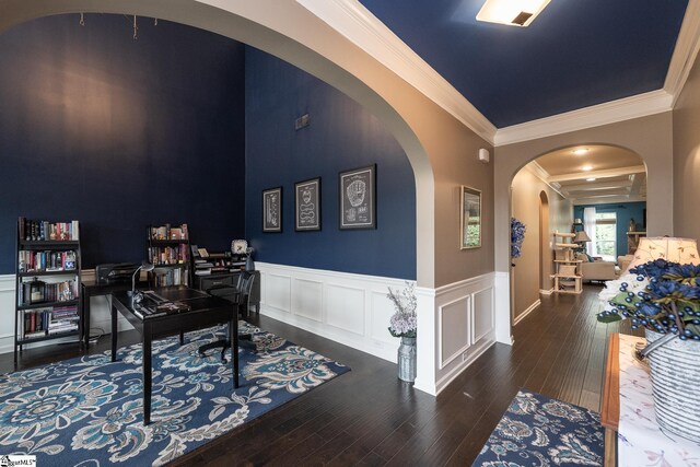 313 Rosendale Way, Simpsonville, SC 29681 - office area featuring arched walkways, wood finished floors, crown molding, and a wainscoted wall