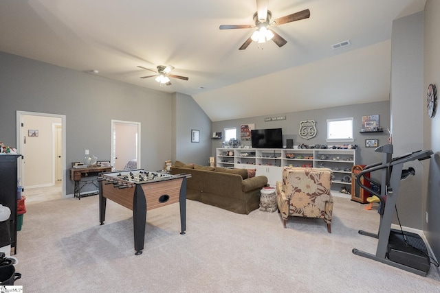 313 Rosendale Way, Simpsonville, SC 29681 - playroom featuring visible vents, ceiling fan, vaulted ceiling, and carpet floors