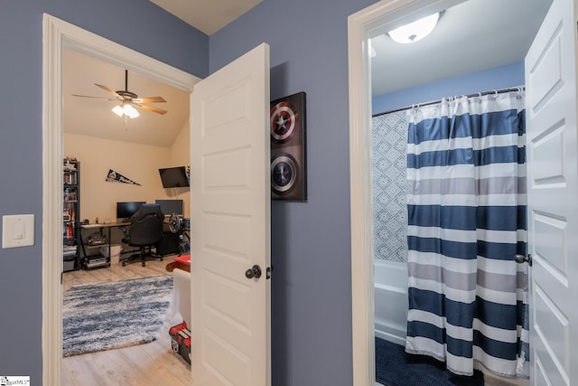 313 Rosendale Way, Simpsonville, SC 29681 - bathroom featuring vaulted ceiling, a ceiling fan, and wood finished floors