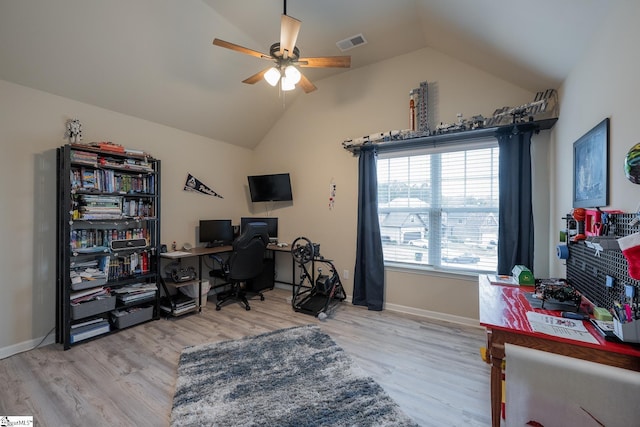313 Rosendale Way, Simpsonville, SC 29681 - office with light wood-style floors, visible vents, vaulted ceiling, and ceiling fan