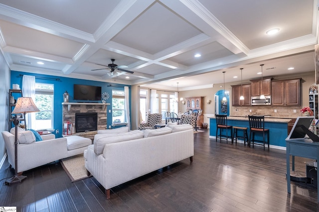 313 Rosendale Way, Simpsonville, SC 29681 - living room featuring coffered ceiling, ceiling fan, dark wood finished floors, and beam ceiling