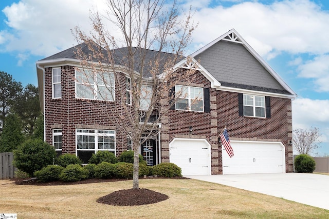 313 Rosendale Way, Simpsonville, SC 29681 - view of front of home with brick siding, an attached garage, a front lawn, and concrete driveway