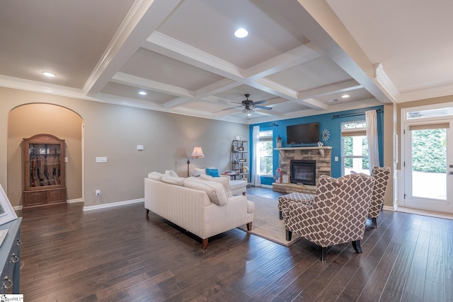 313 Rosendale Way, Simpsonville, SC 29681 - living room with baseboards, a fireplace, dark wood-type flooring, beamed ceiling, and ceiling fan