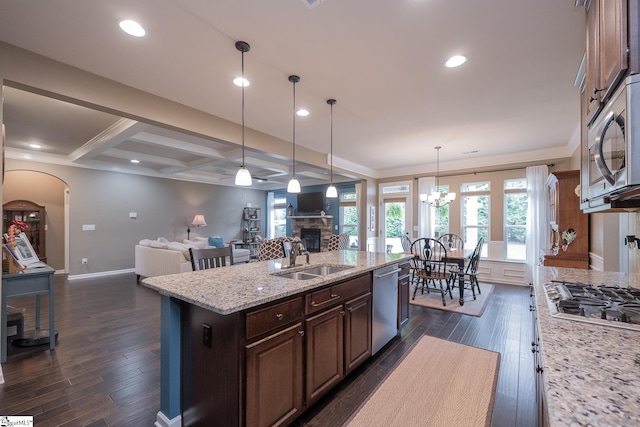 313 Rosendale Way, Simpsonville, SC 29681 - kitchen featuring a fireplace, dark wood-type flooring, appliances with stainless steel finishes, a sink, and open floor plan