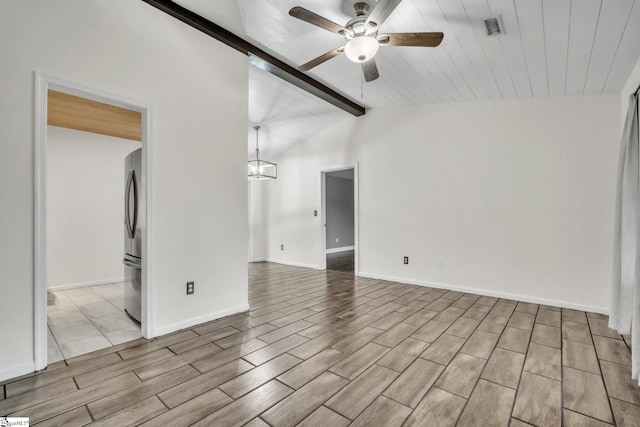 unfurnished room featuring lofted ceiling with beams, visible vents, baseboards, wood finished floors, and a ceiling fan