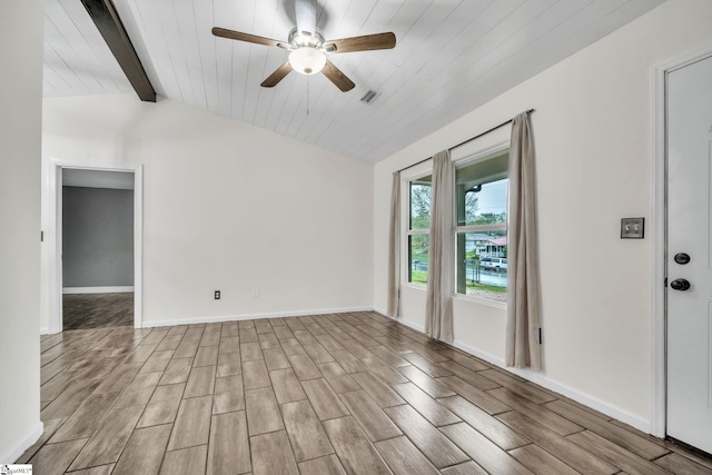 unfurnished room with lofted ceiling with beams, visible vents, wood finished floors, and ceiling fan