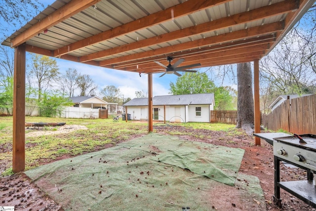 view of patio / terrace featuring a fenced backyard and a ceiling fan