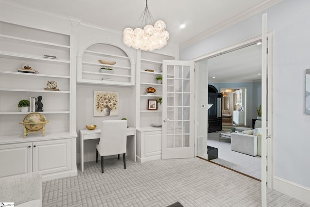 home office featuring french doors, an inviting chandelier, ornamental molding, baseboards, and carpet floors