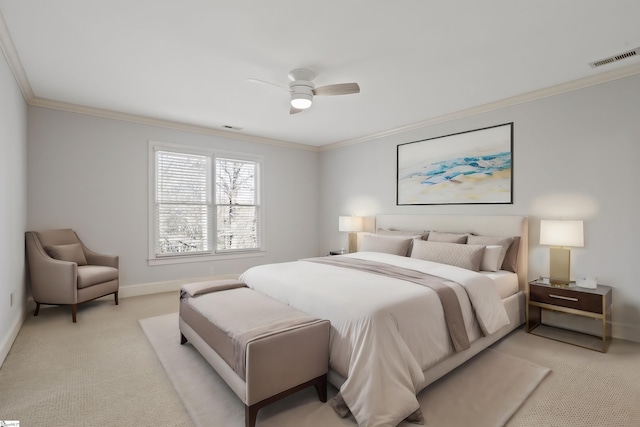 bedroom featuring light carpet, crown molding, baseboards, and visible vents